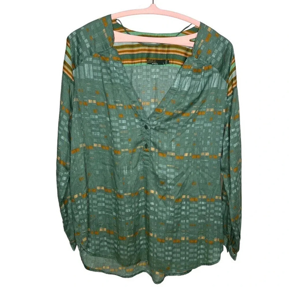 Prana Elsie Tunic Hi Lo Peacock Top Green Geometric Tencel Lyocell Sz. L - Picture 1 of 8